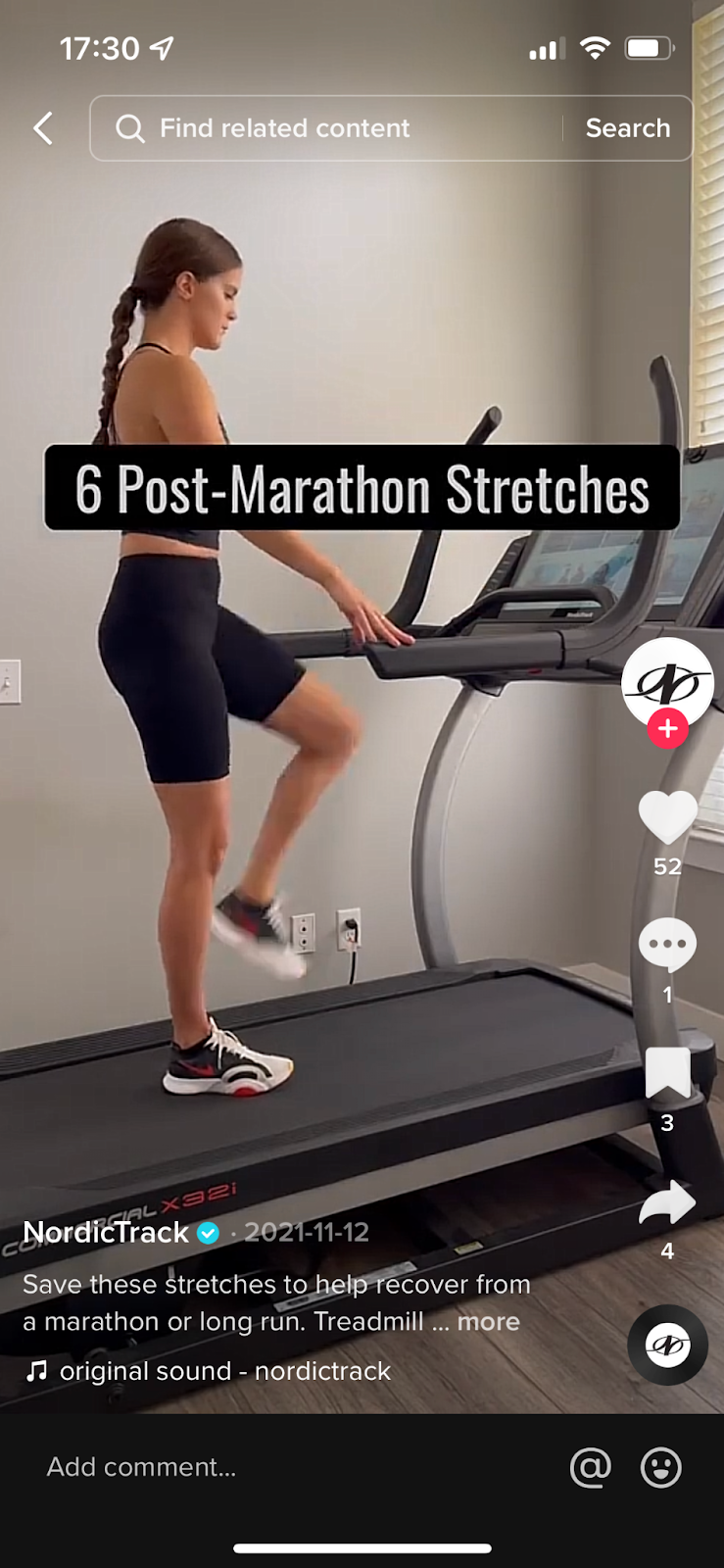 NordicTrack's TikTok video on 6 post-marathon stretches