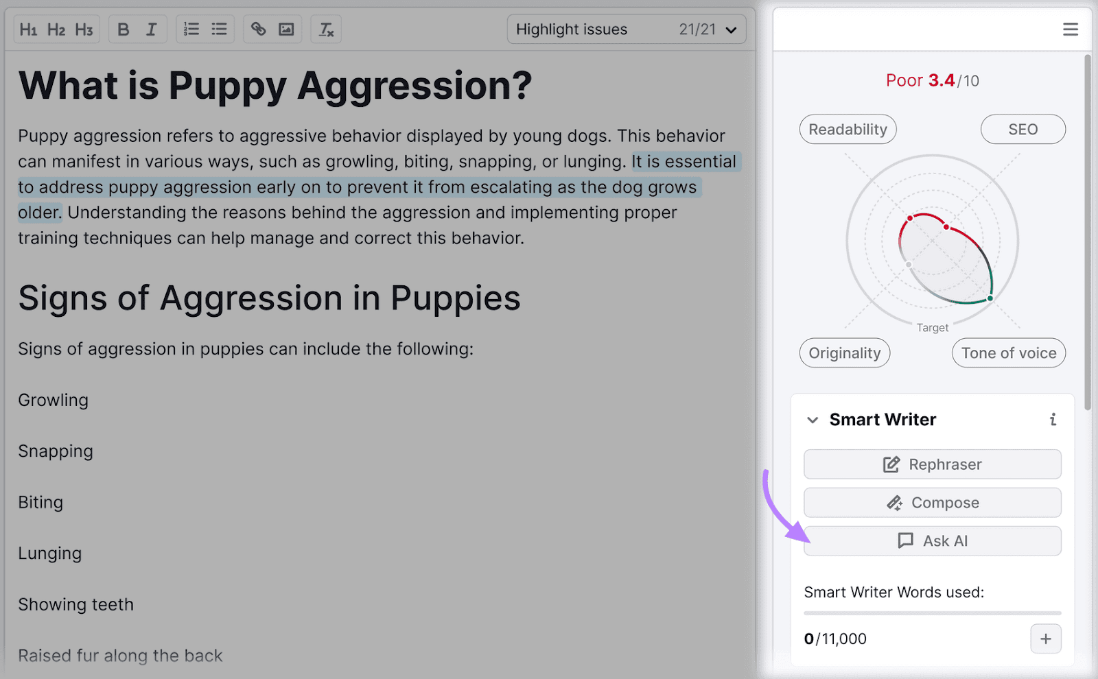 SEO Writing Assistant with a writing assistance tool interface featuring "Smart Writer" and an "Ask AI" option on the right.