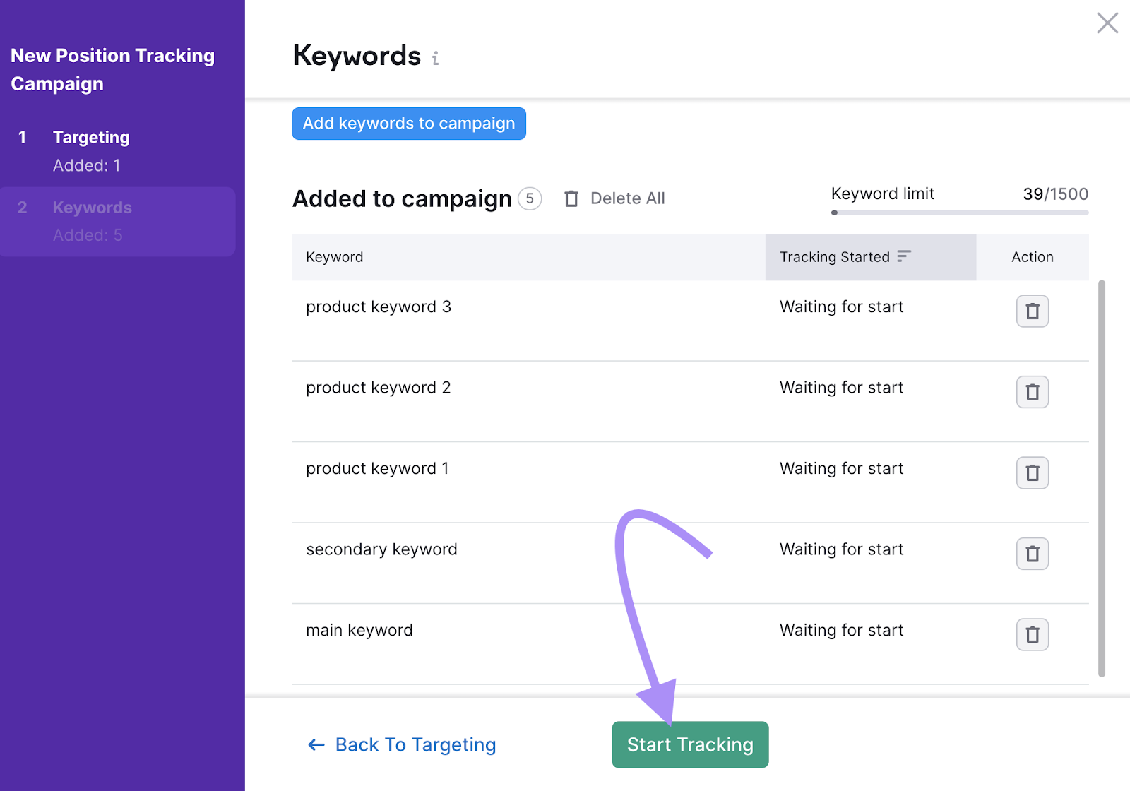 "Keywords" window in Position Tracking settings