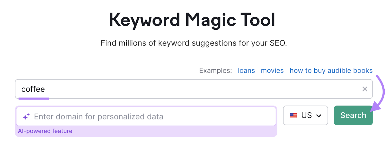 Search for coffee in keyword magic tool