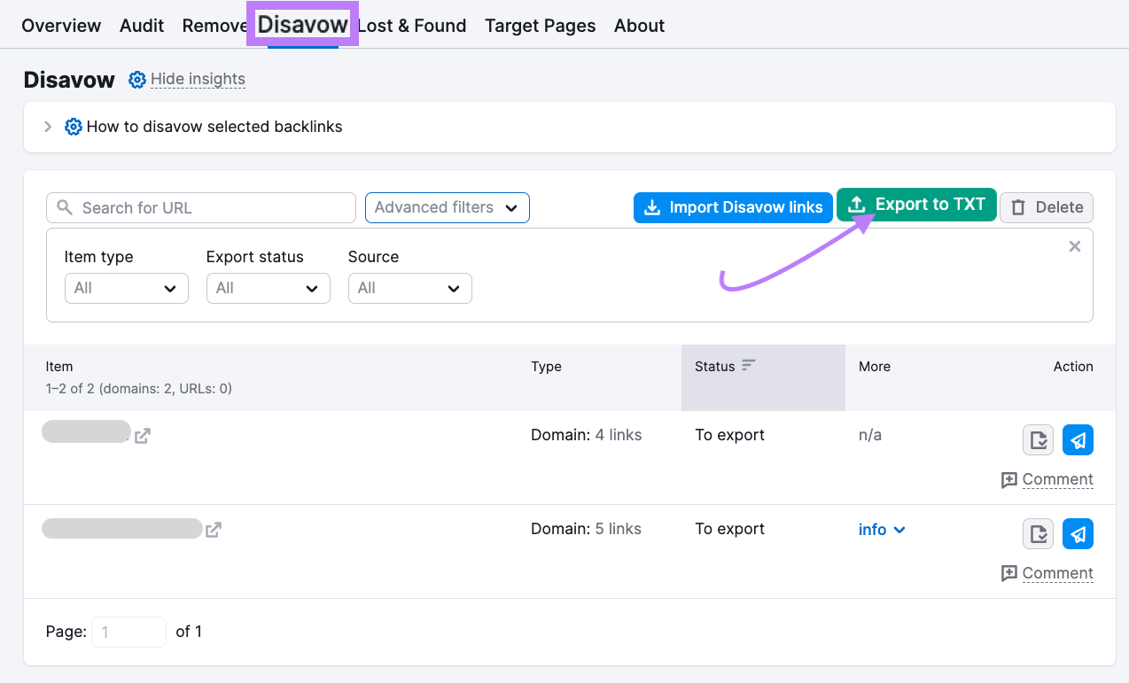 “Export to TXT" button selected in the “Disavow” report