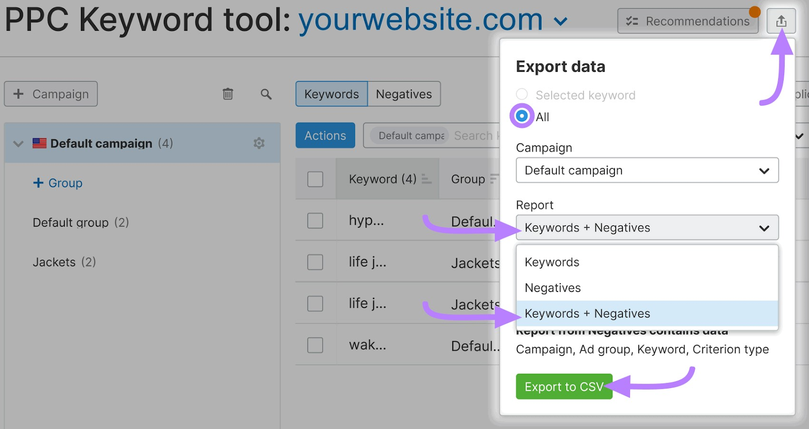 “Export data” drop-down menu of Semrush PPC Keyword Tool