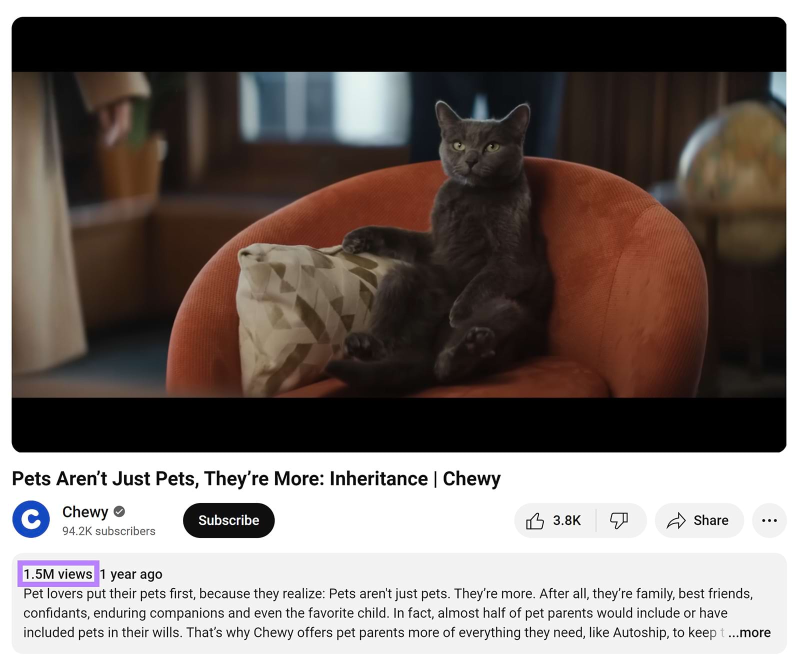 Chewy YouTube video with 1.5M views highlighted.