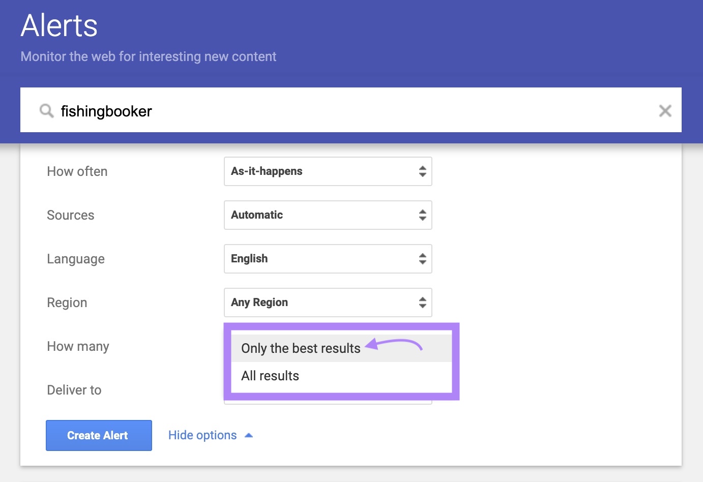 "How many" drop-down menu opened and highlighted with an arrow pointing toward "Only the best results" on Google Alerts options.