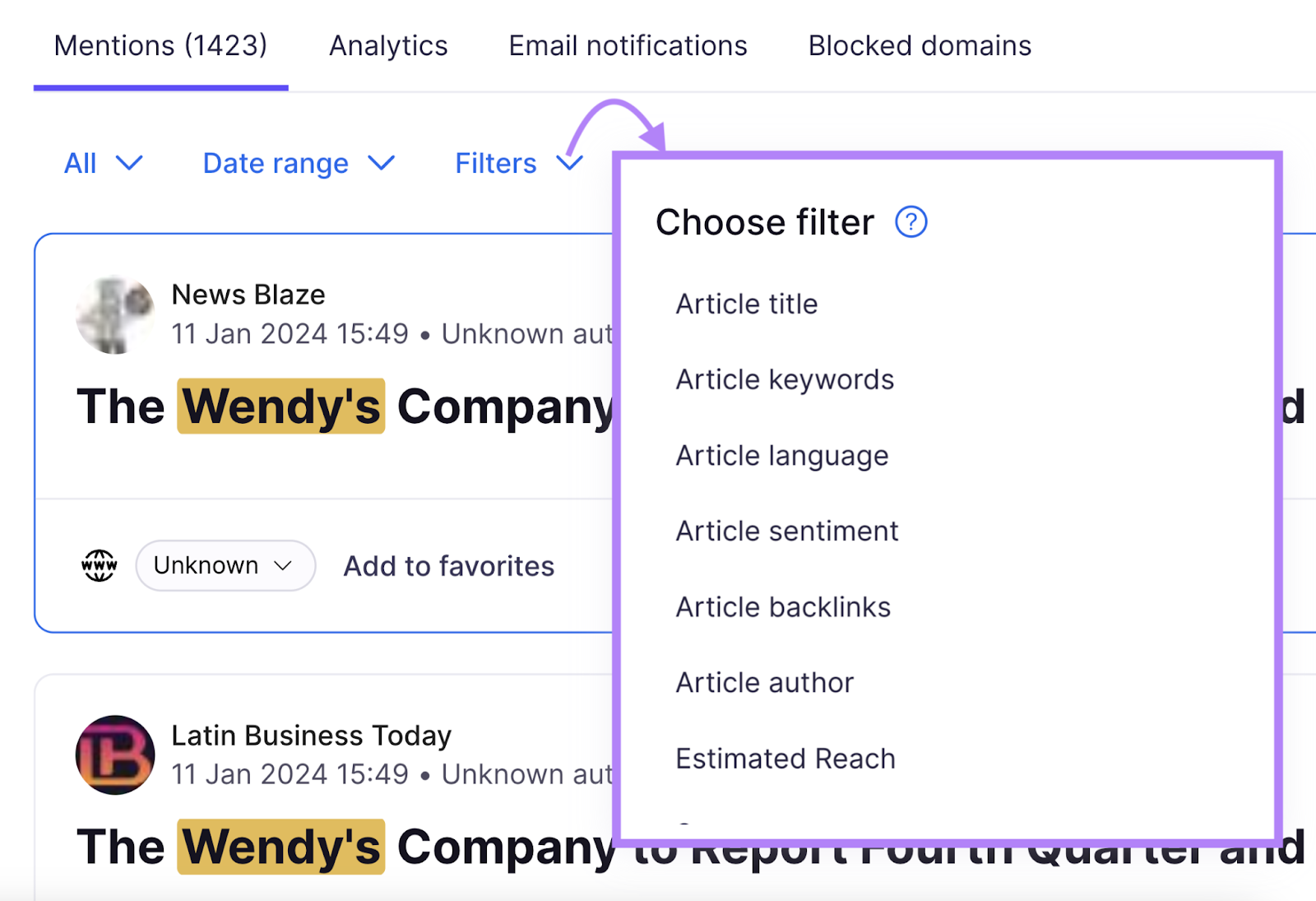 "Filters" drop-down menu in Brand Monitoring app