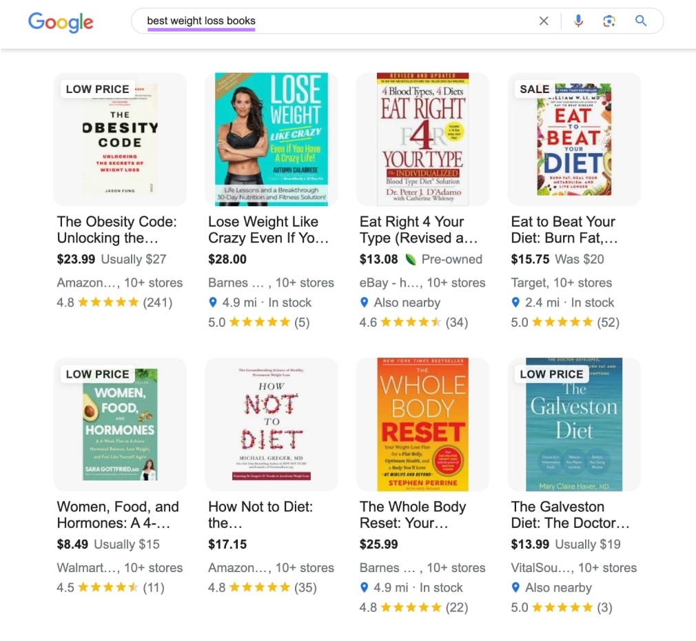 Google's SERP for "best weight loss books" search