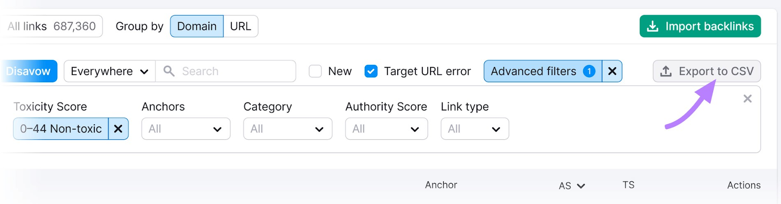 “Export to CSV” button highlighted