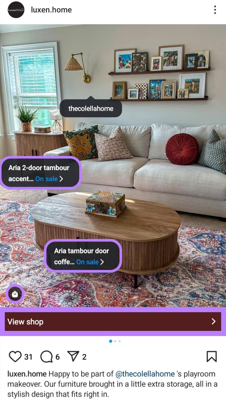 An Instagram shop ad shows a picture of a living room with two items tagged. "View shop" appears beneath the image.