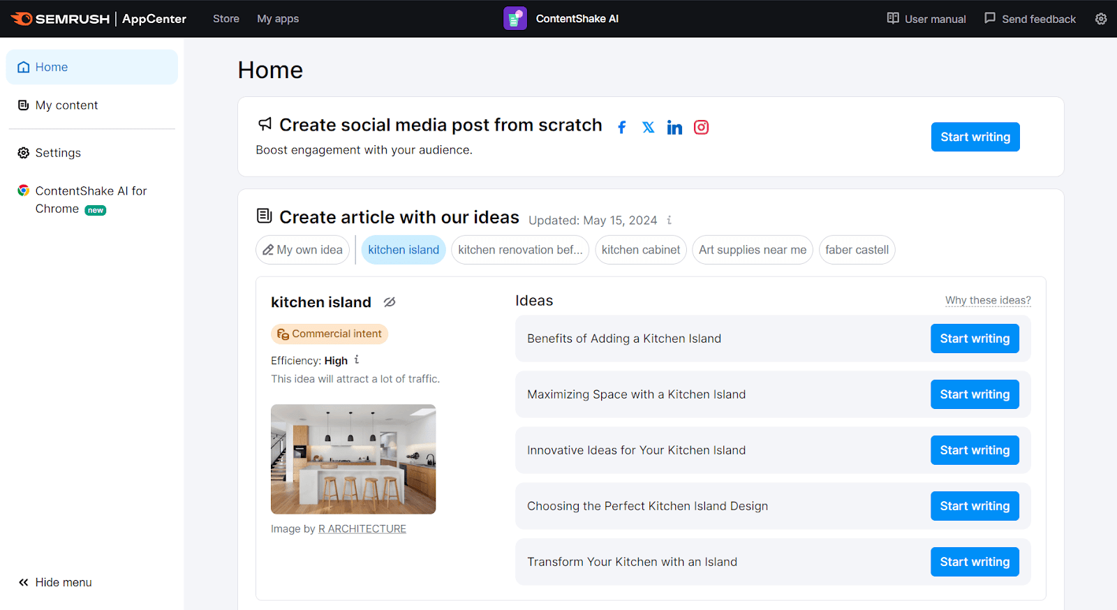 ContentShake AI dashboard home page.