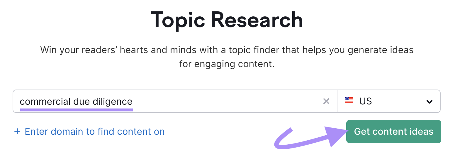 "commercial due diligence" keyword entered into the Topic Research tool search bar