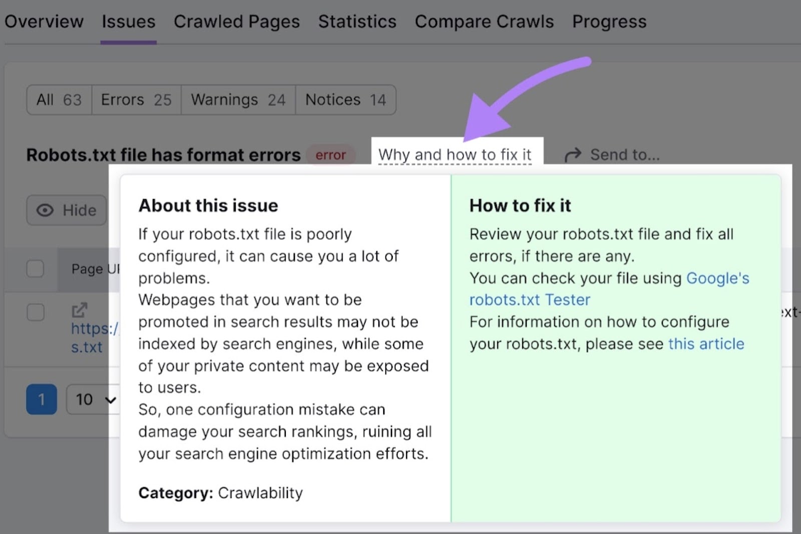 "Why and how to fix it" window for robots.txt file in Site Audit tool