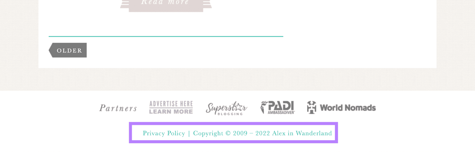 Links on Alex in Wanderland's website footer