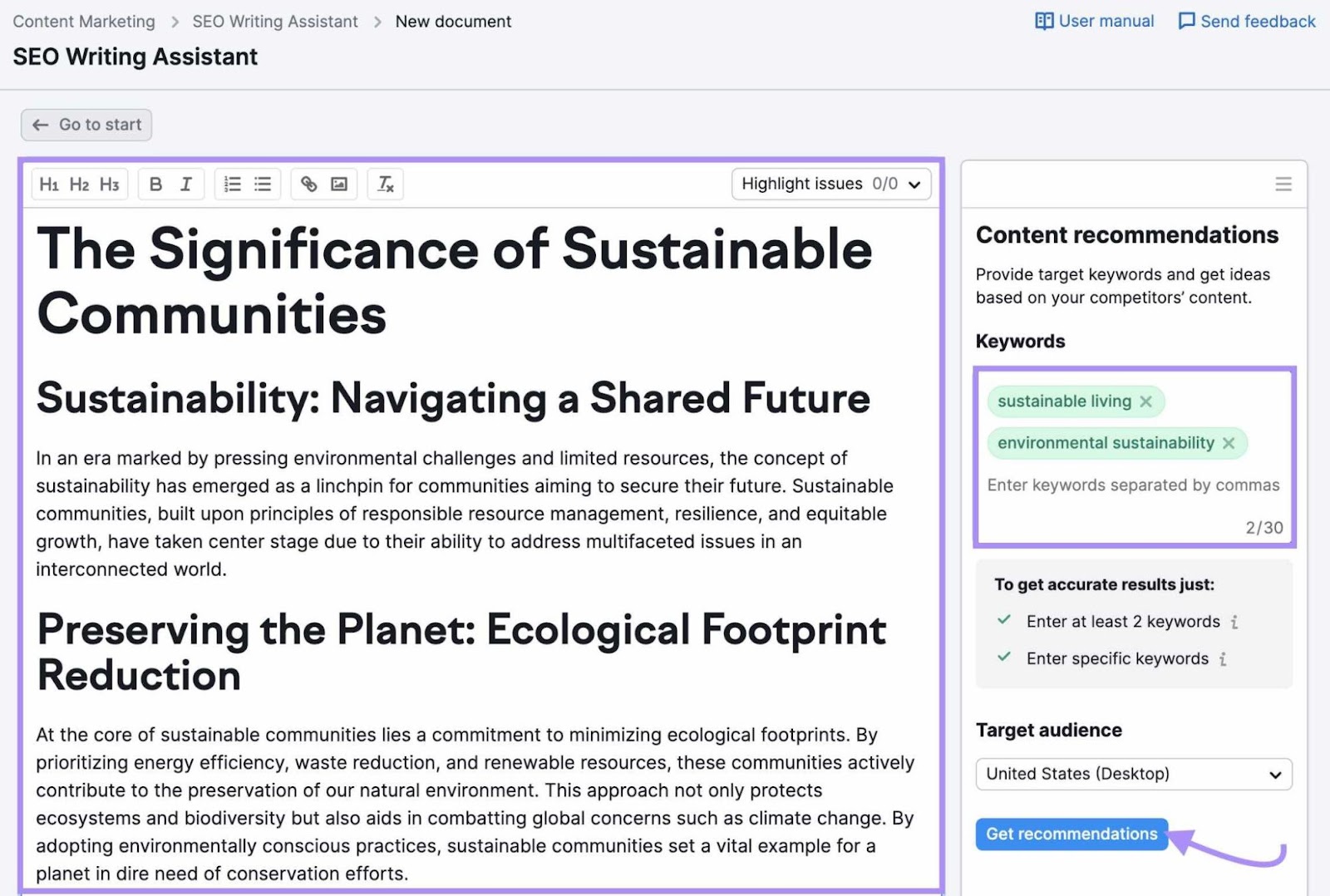 "The Significance of Sustainable Communities" texted entered into SEO Writing Assistant text editor