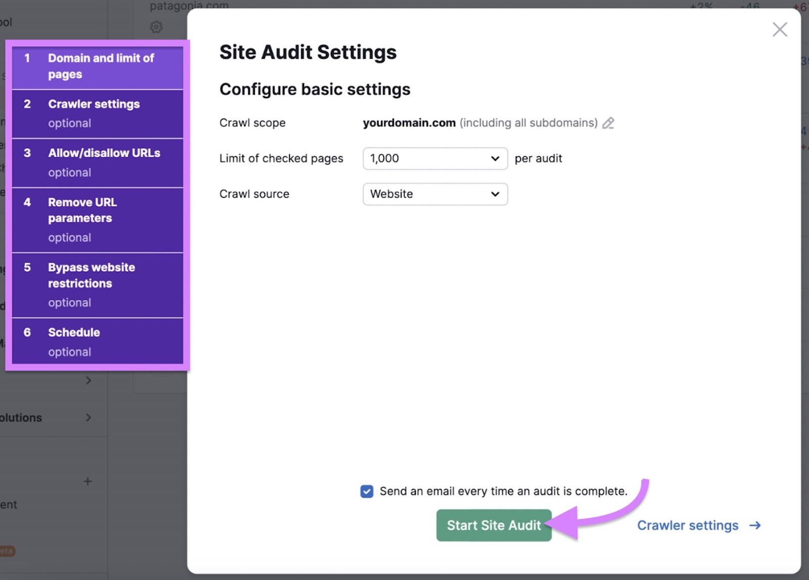 "Site Audit Settings" window