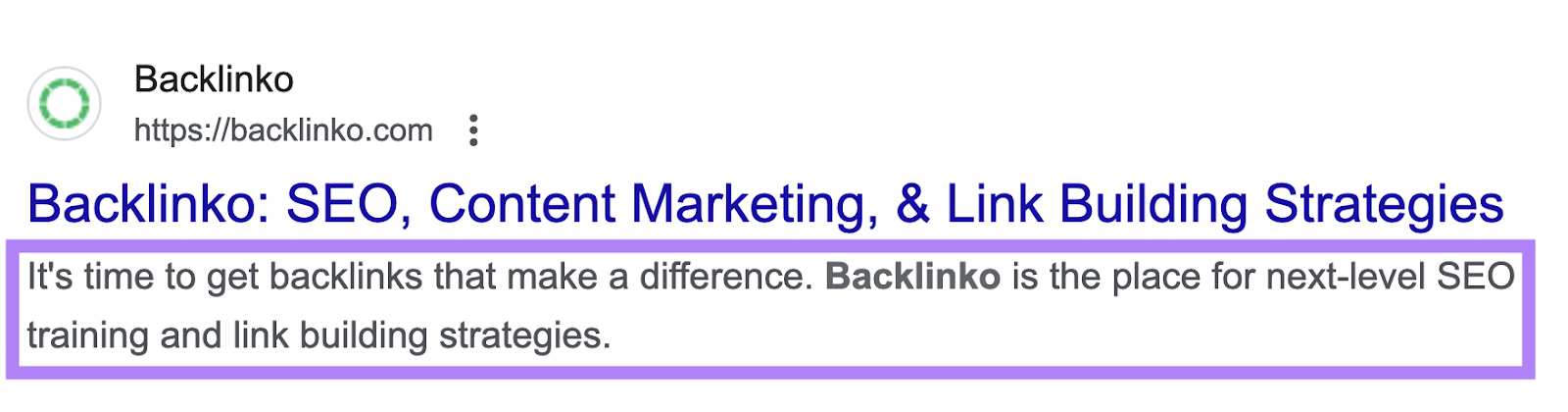 Meta description of Backlinko result in Google SERP highlighted