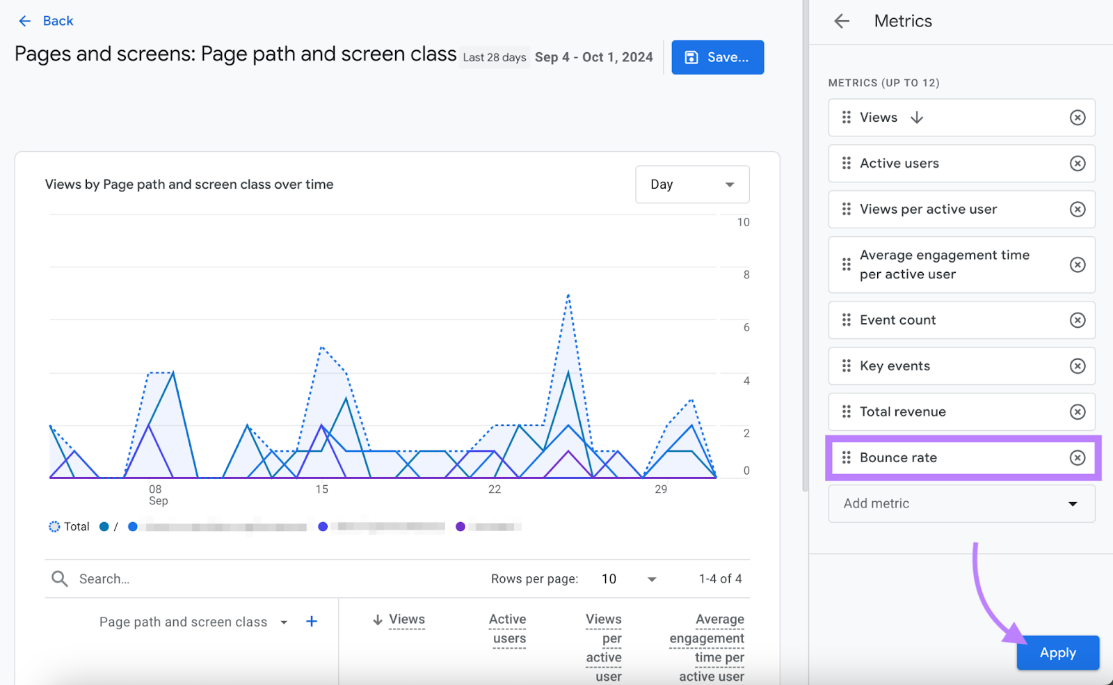 bounce rate metric is entered and highlighted