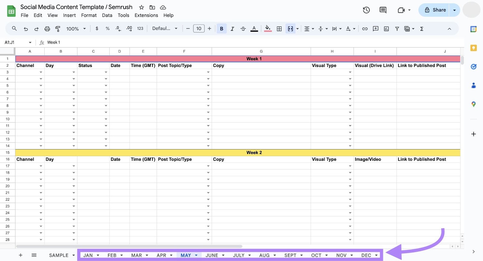 Blank social media content template with different sheets for each month with columns for date, content, and links.