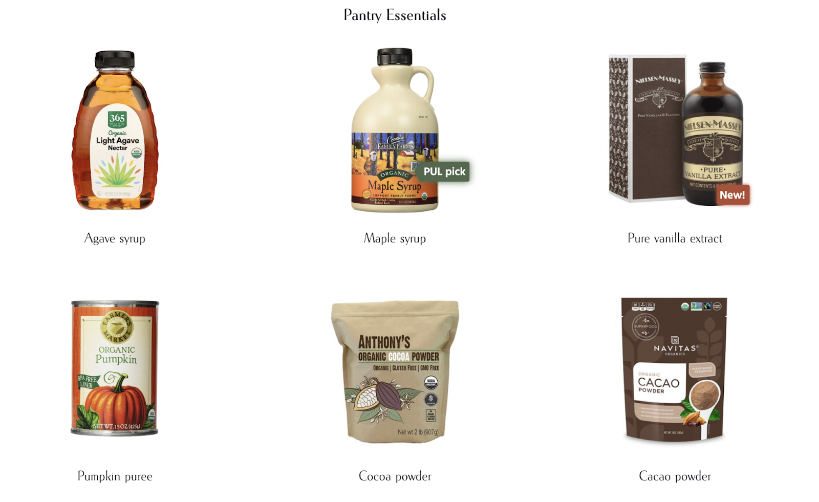 affiliate products page shows pantry essentials like maple syrup and vanilla extract