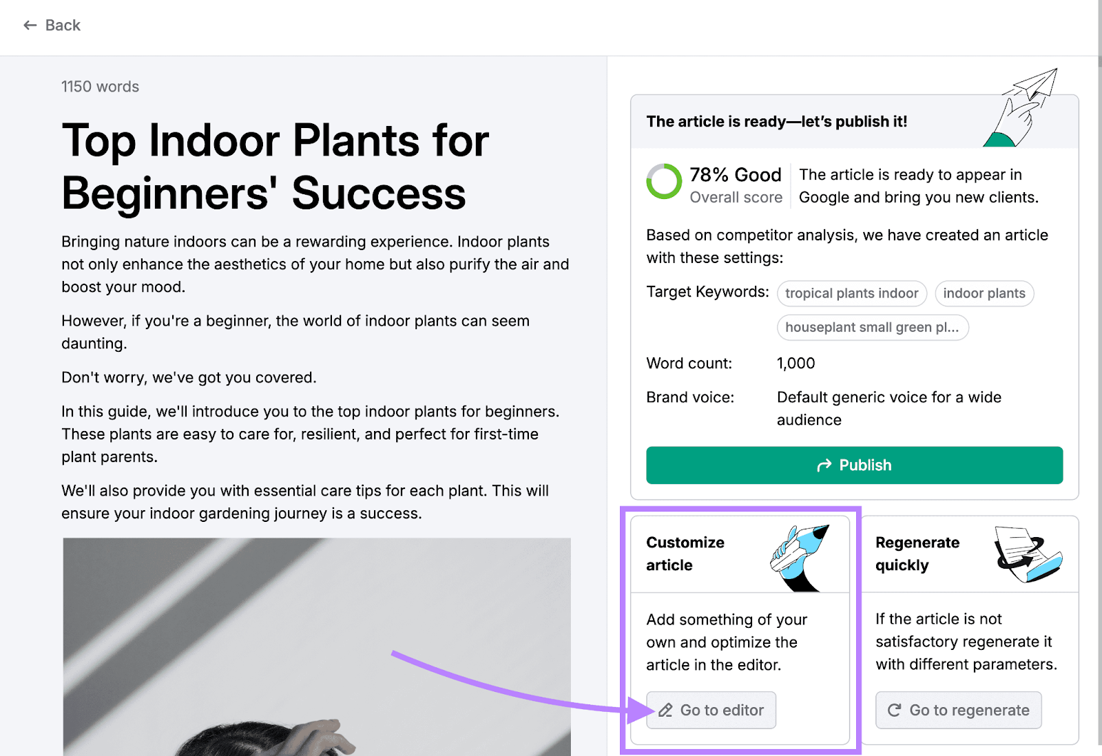 A fully generated article about "Top Indoor Plants for Beginners' Success" with the "Go to editor" button highlighted