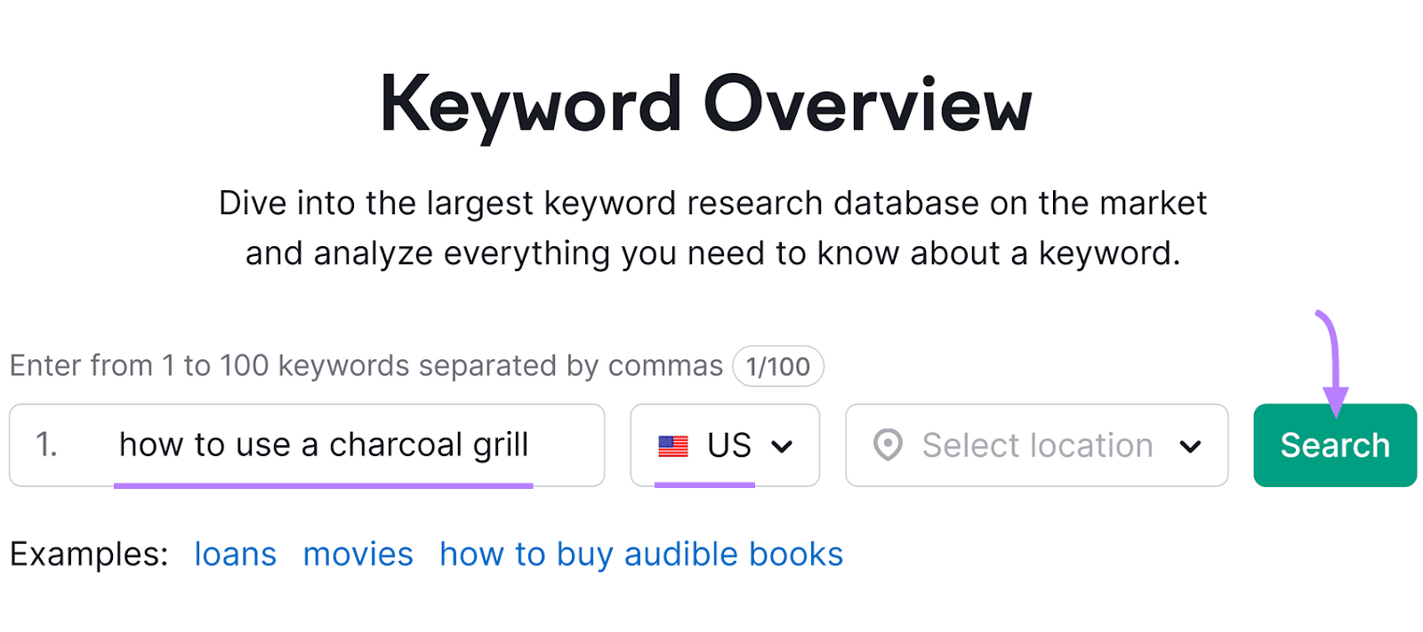 Keyword Overview user interface with "how to use a charcoal grill" entered into the search form and a green "Search" button.