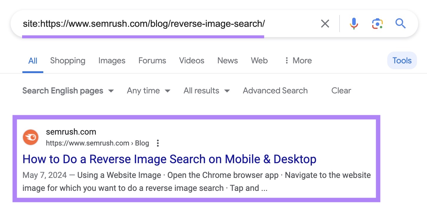 site search on Google for a specific page from "semrush.com" with the indexed result highlighted