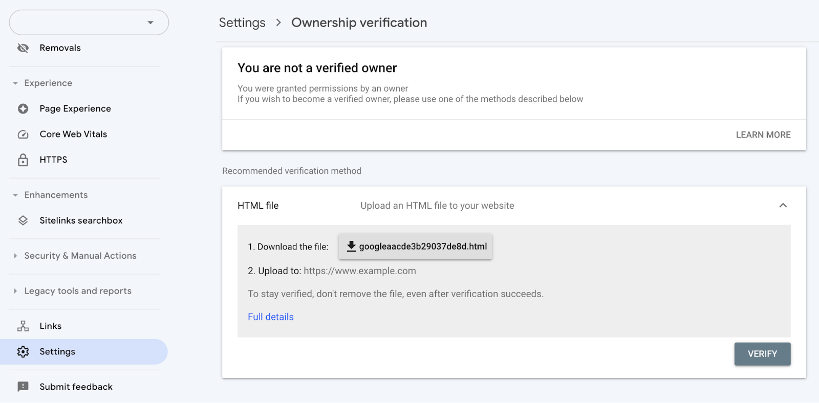 Ownership verification section in GSC