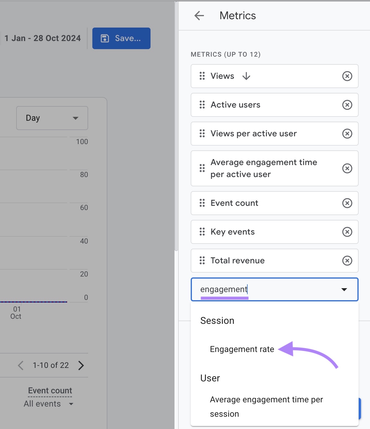 "Add metric" clicked, "engagement" typed, and "Engagement rate" selected from the drop-down in the "Customise report" window on GA4.