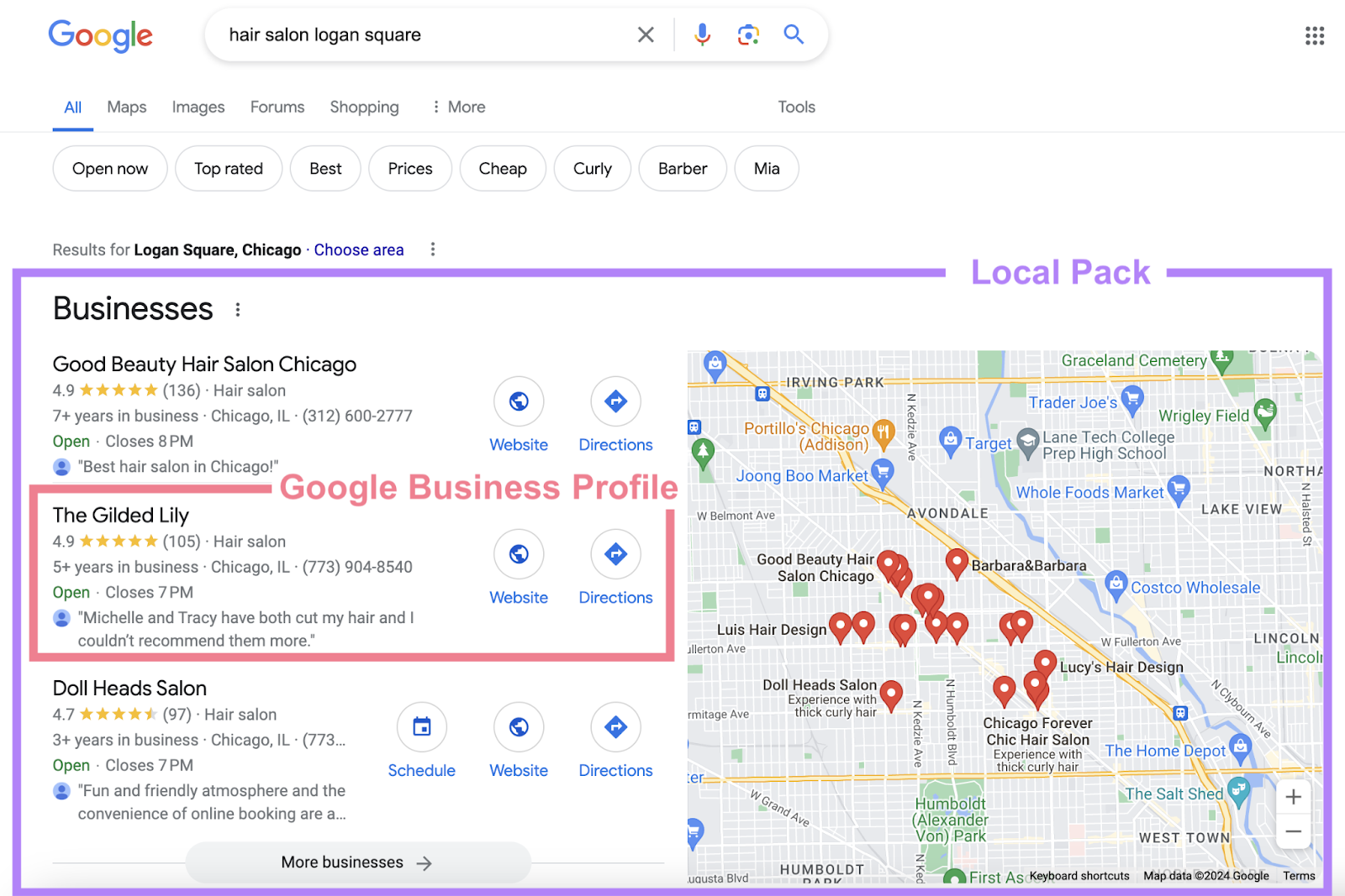 search for hair salon logan square shows local pack the top of the serp with 3 google business profiles