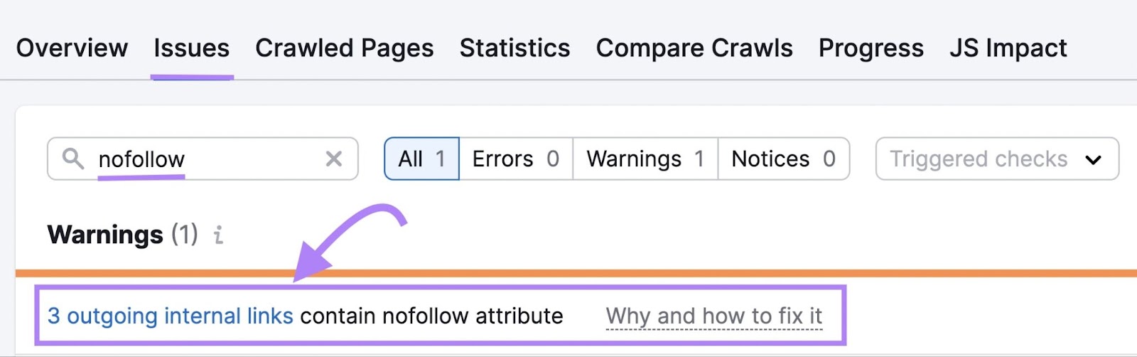 Semrush Site Audit issues tab with nofollow issue highlighted