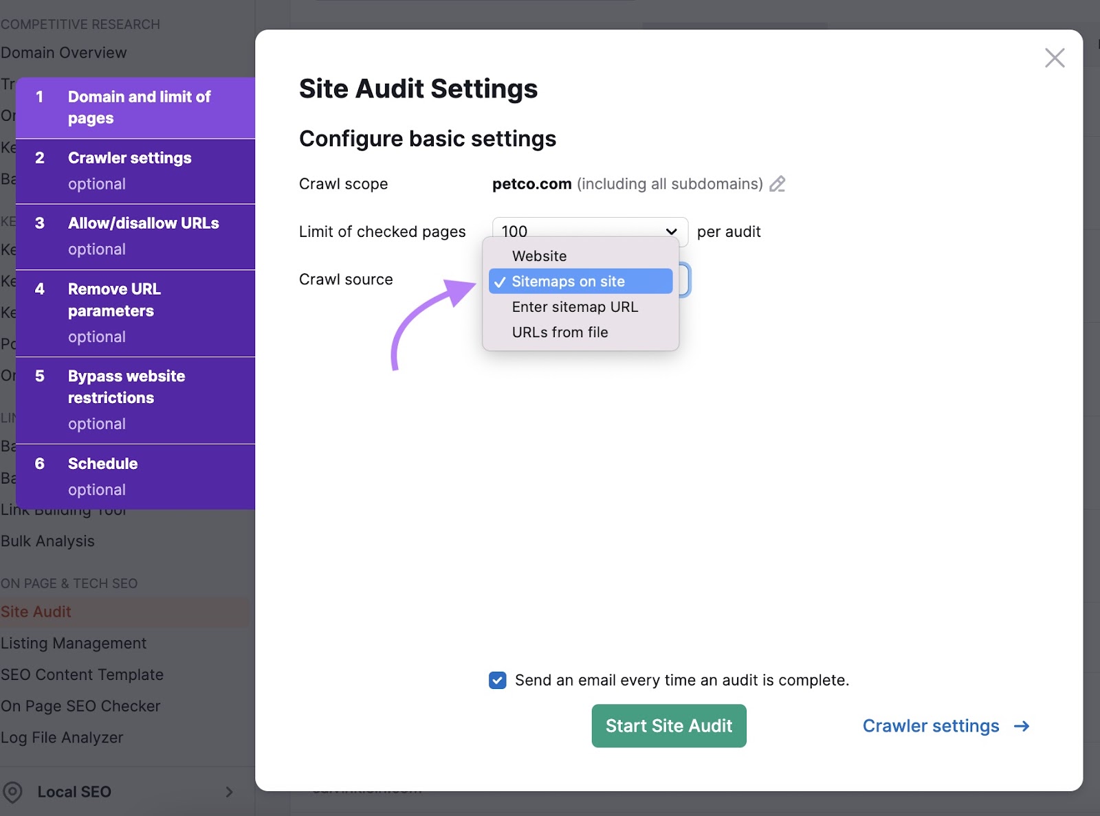 "Sitemaps on site" selected under "Crawl source" drop-down menu