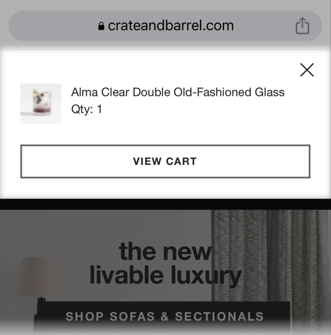 Chart pop up showing "Alma Clear Double Old-Fashioned Glass" product