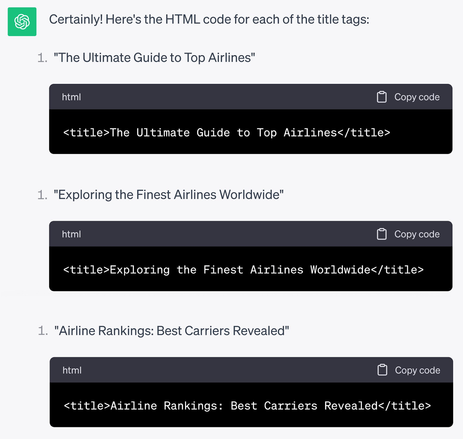 ChatGPT-generated HTML codes for title tags