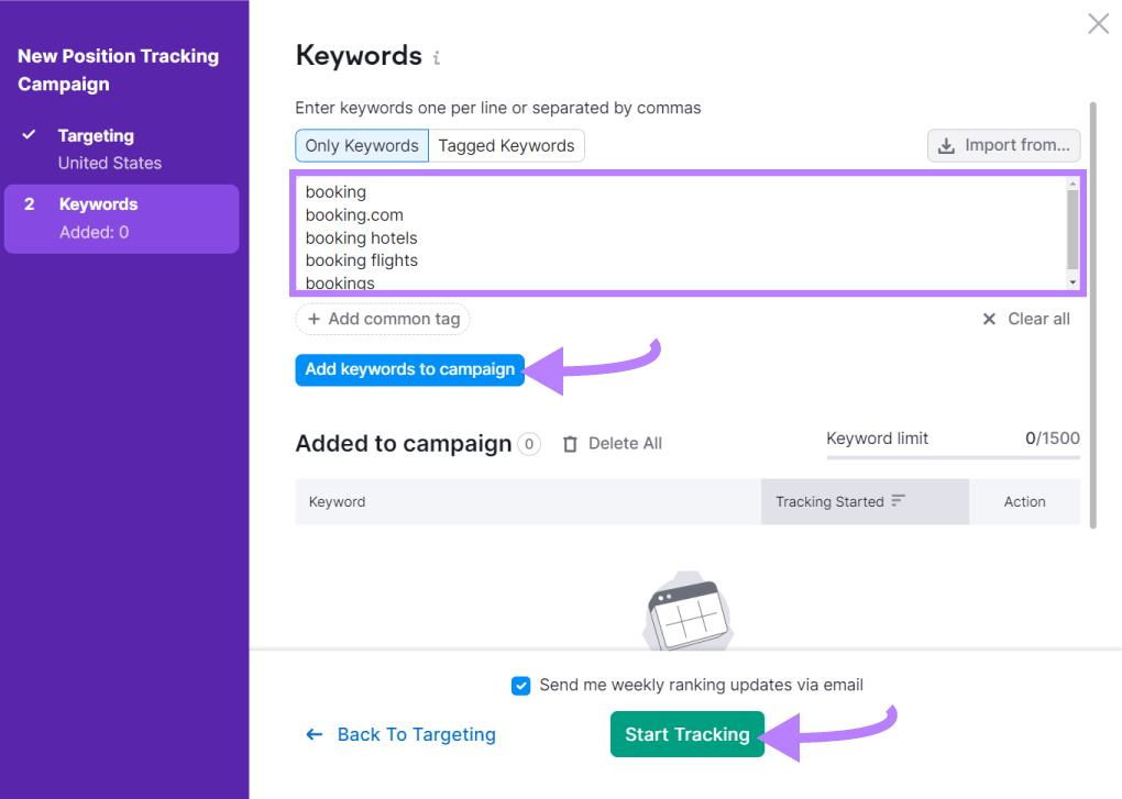 "Keywords" window in Position Tracking tool settings