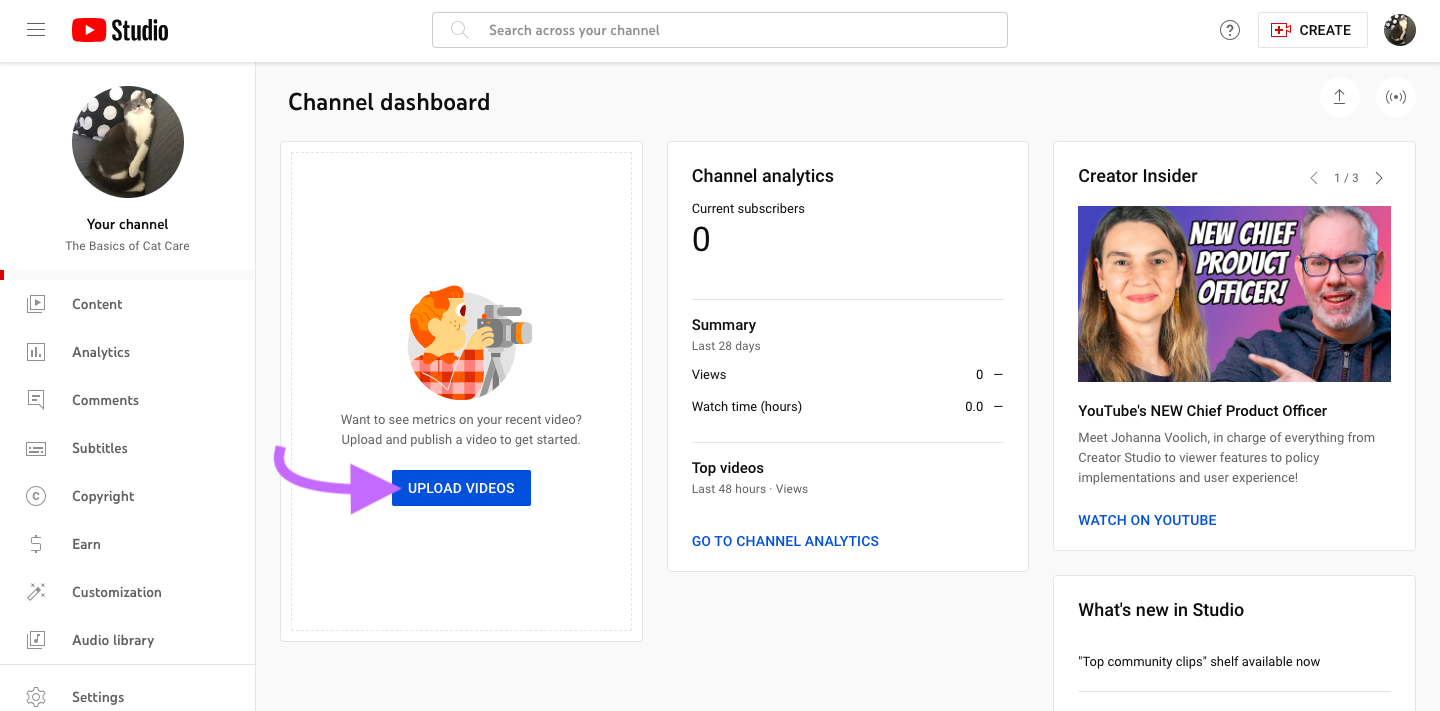 A screenshot of the YouTube Studio dashboard.