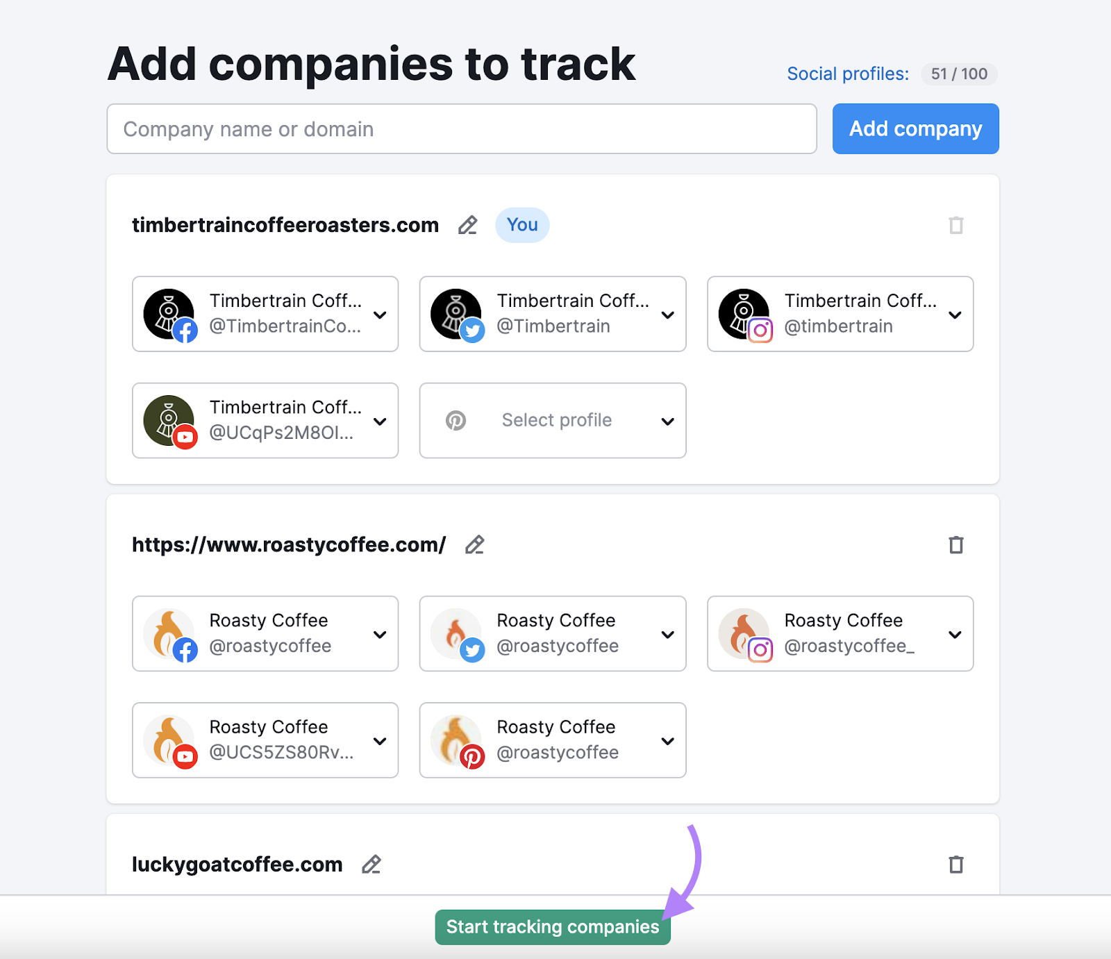 Social Tracker tool "Add companies to track" section with the "Start tracking companies" button highlighted.