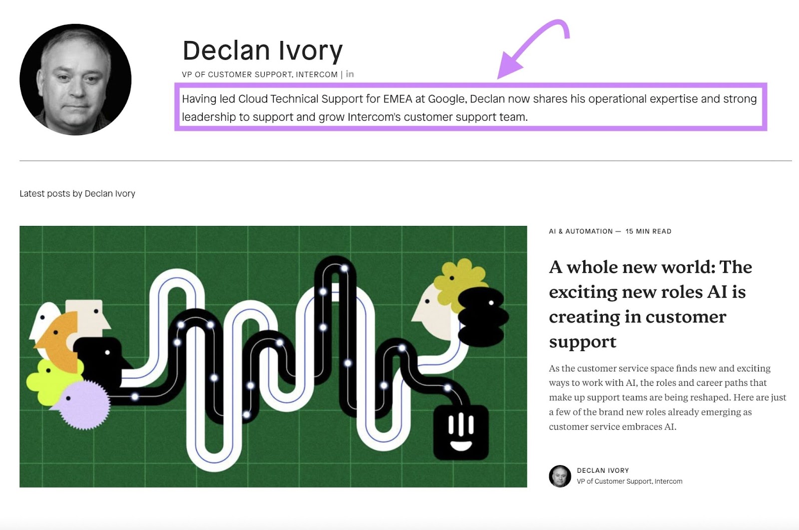 Declan Ivory's author bio on Intercom