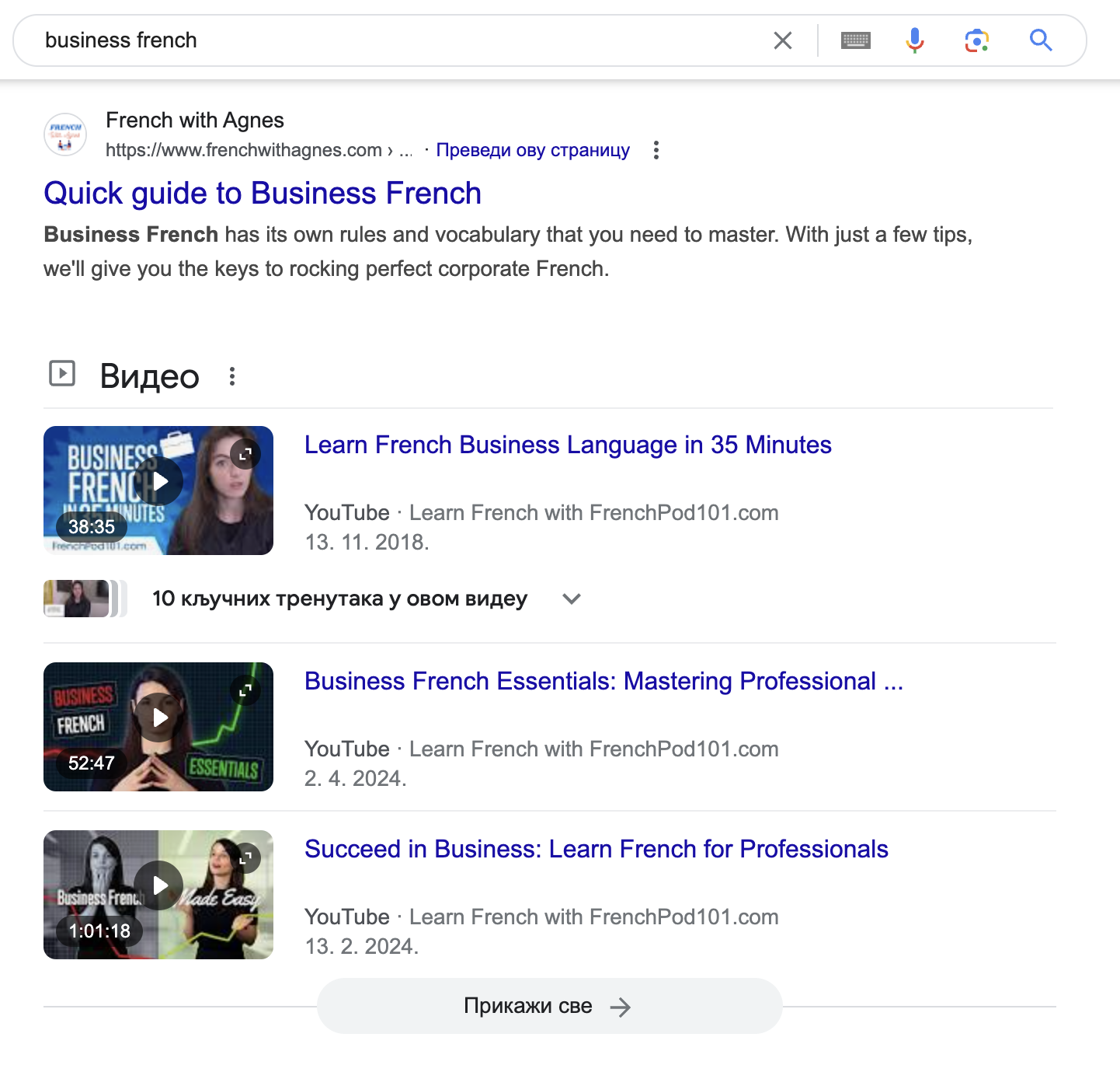 SERP for the term "business french" showing informative blog posts and videos