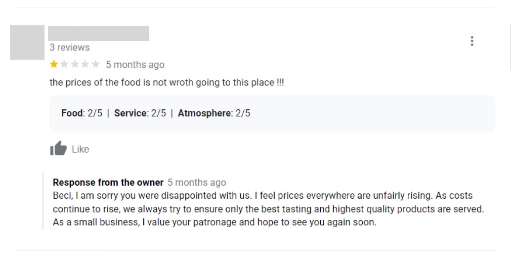 The owner of a small, local bakery responding to a negative review