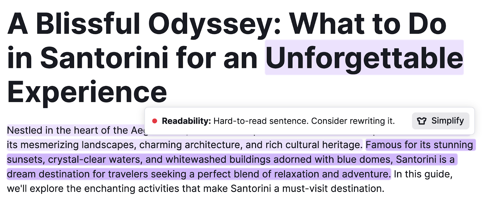 Sentence highlighted to show the option to Simplify with the AI writing tool