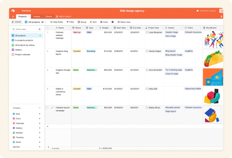 A projects dashboard in Airtable