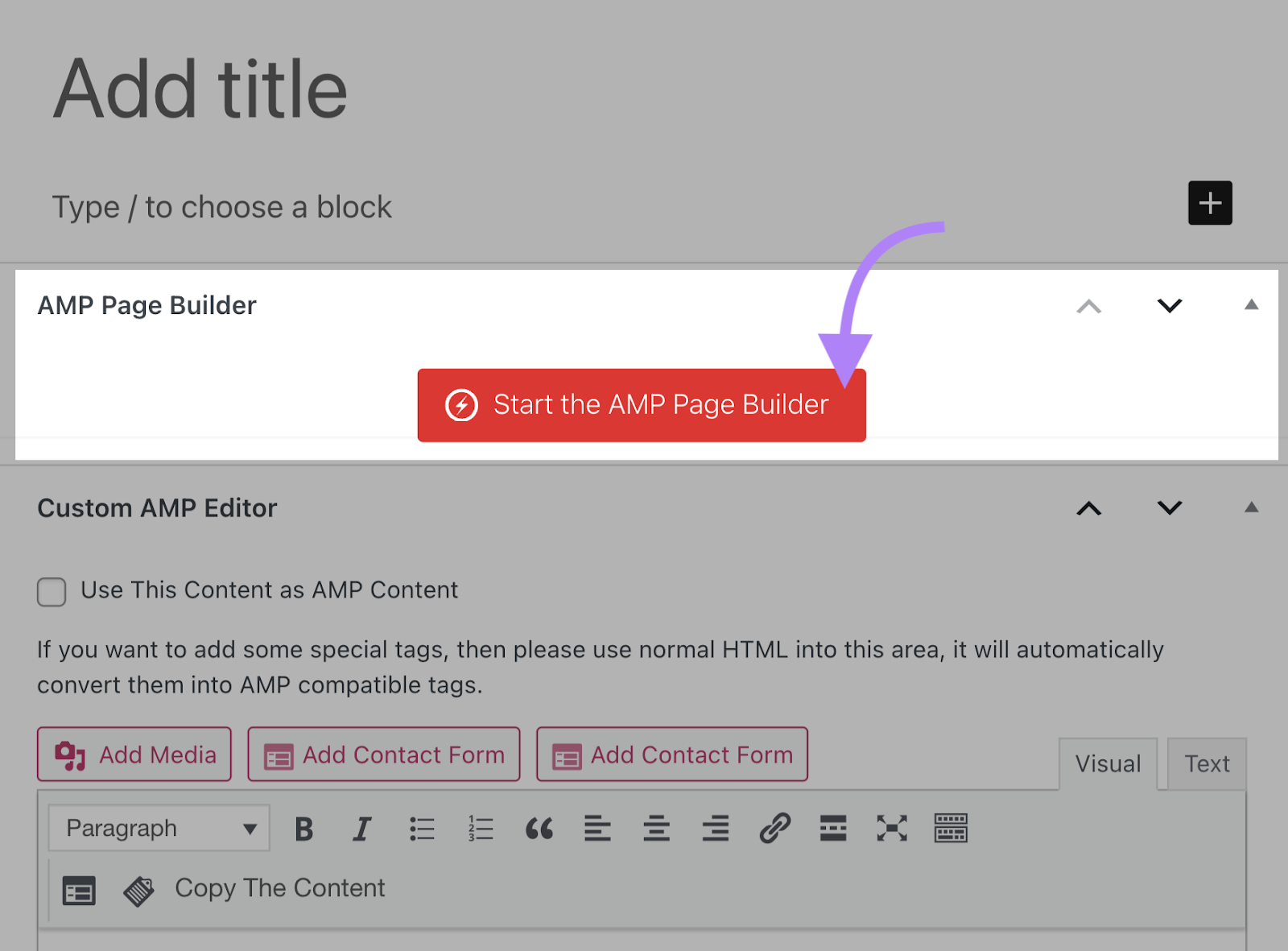 “Start the AMP Page Builder” button highlighted