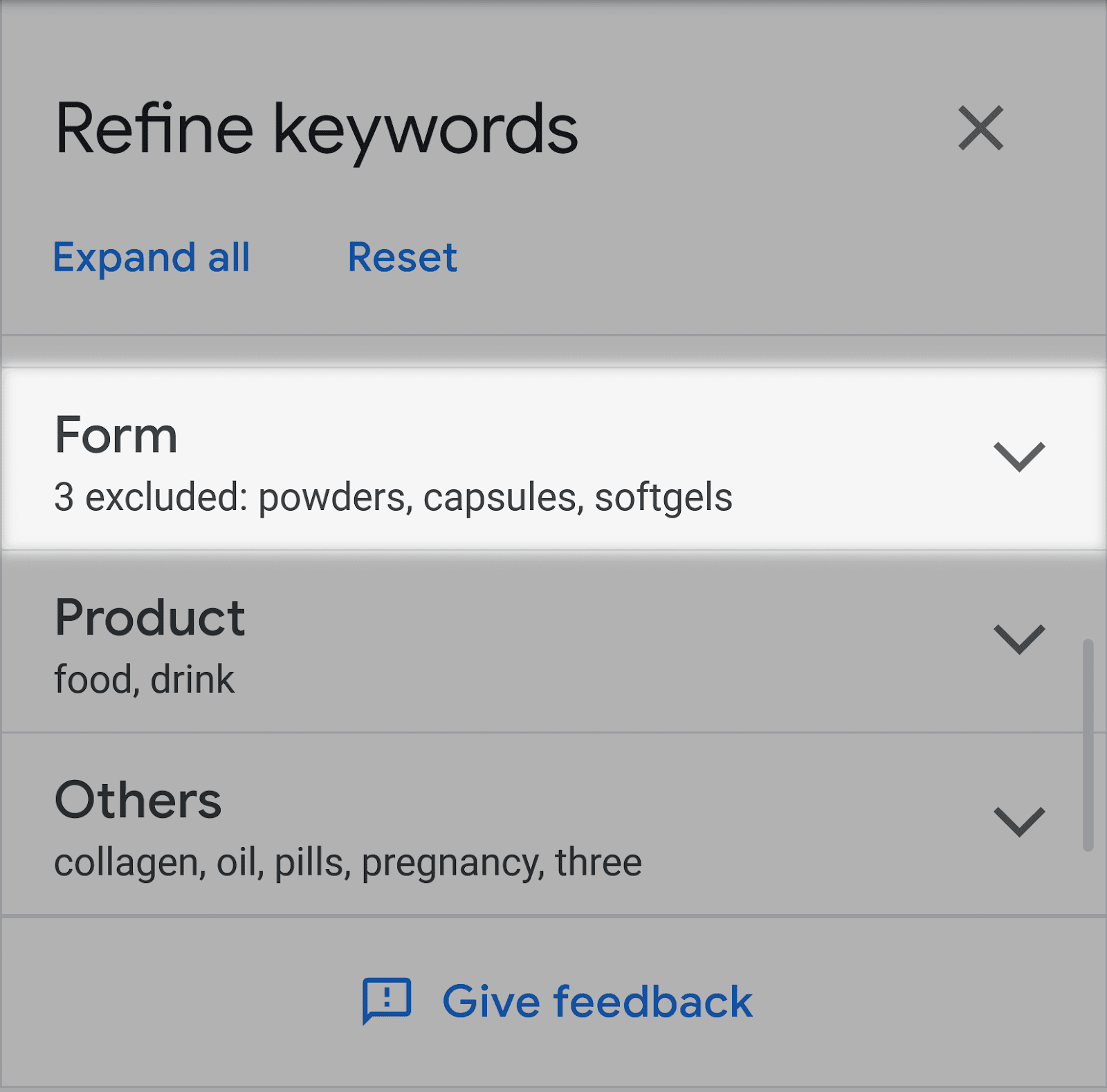 A filter showing three excluded keywords "powders," "capsules," and "softgels"