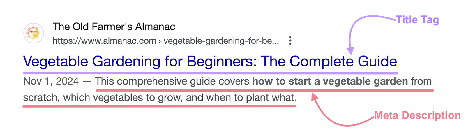 title tag is the blue hyperlinked text in a search result while the meta description appears underneath