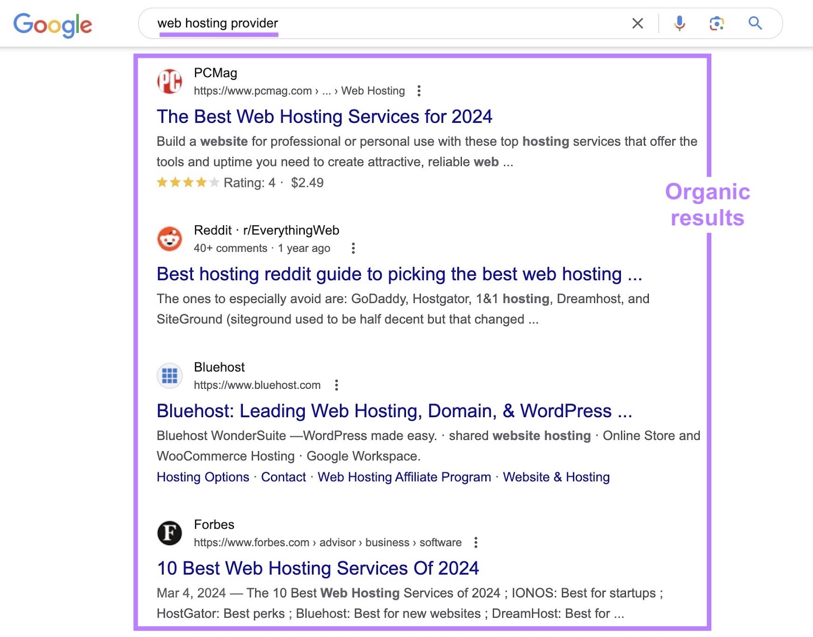 organic results on Google serp for "web hosting provider" query