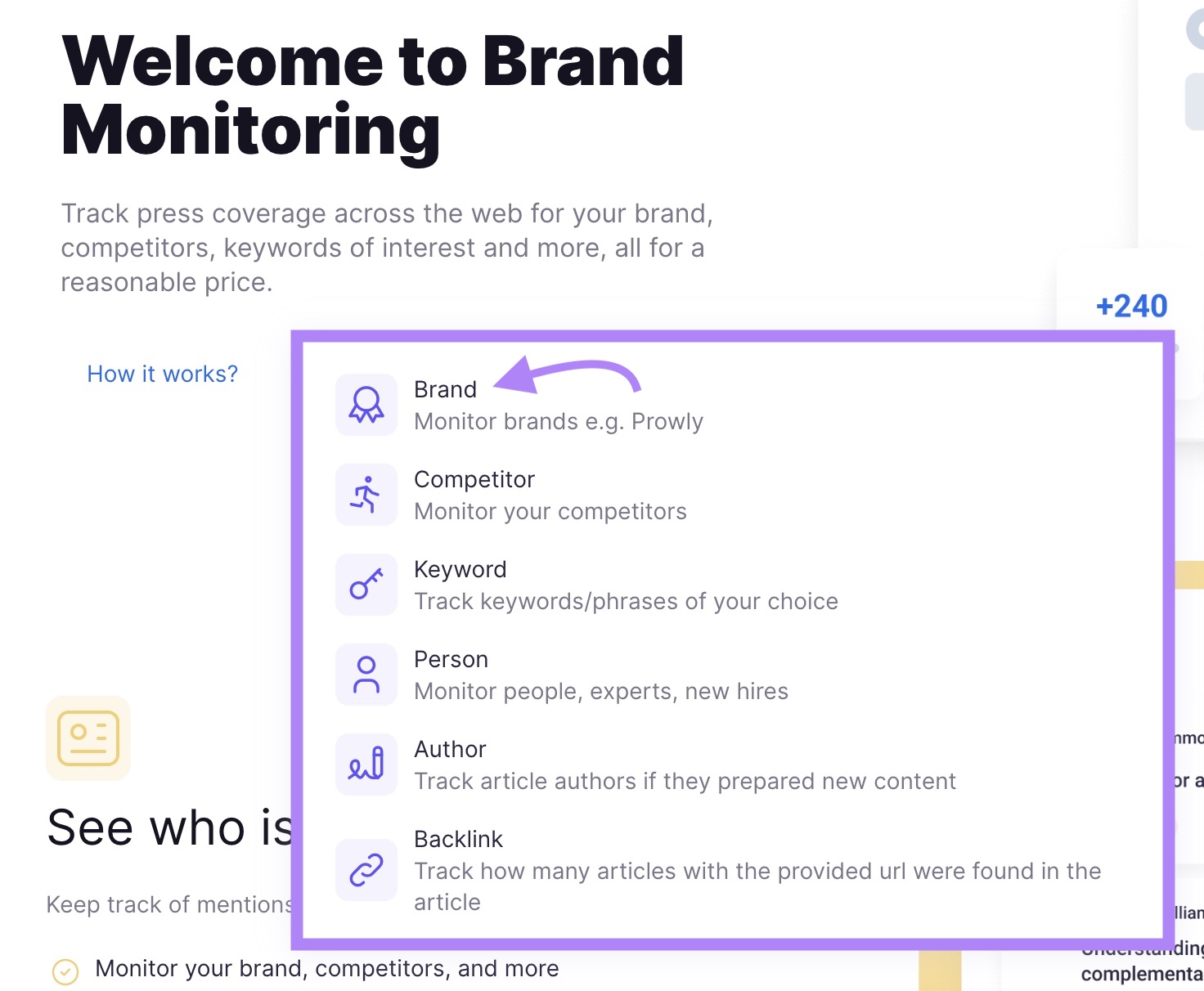 "Brand" selected from the drop-down options on the Brand Monitoring tool.