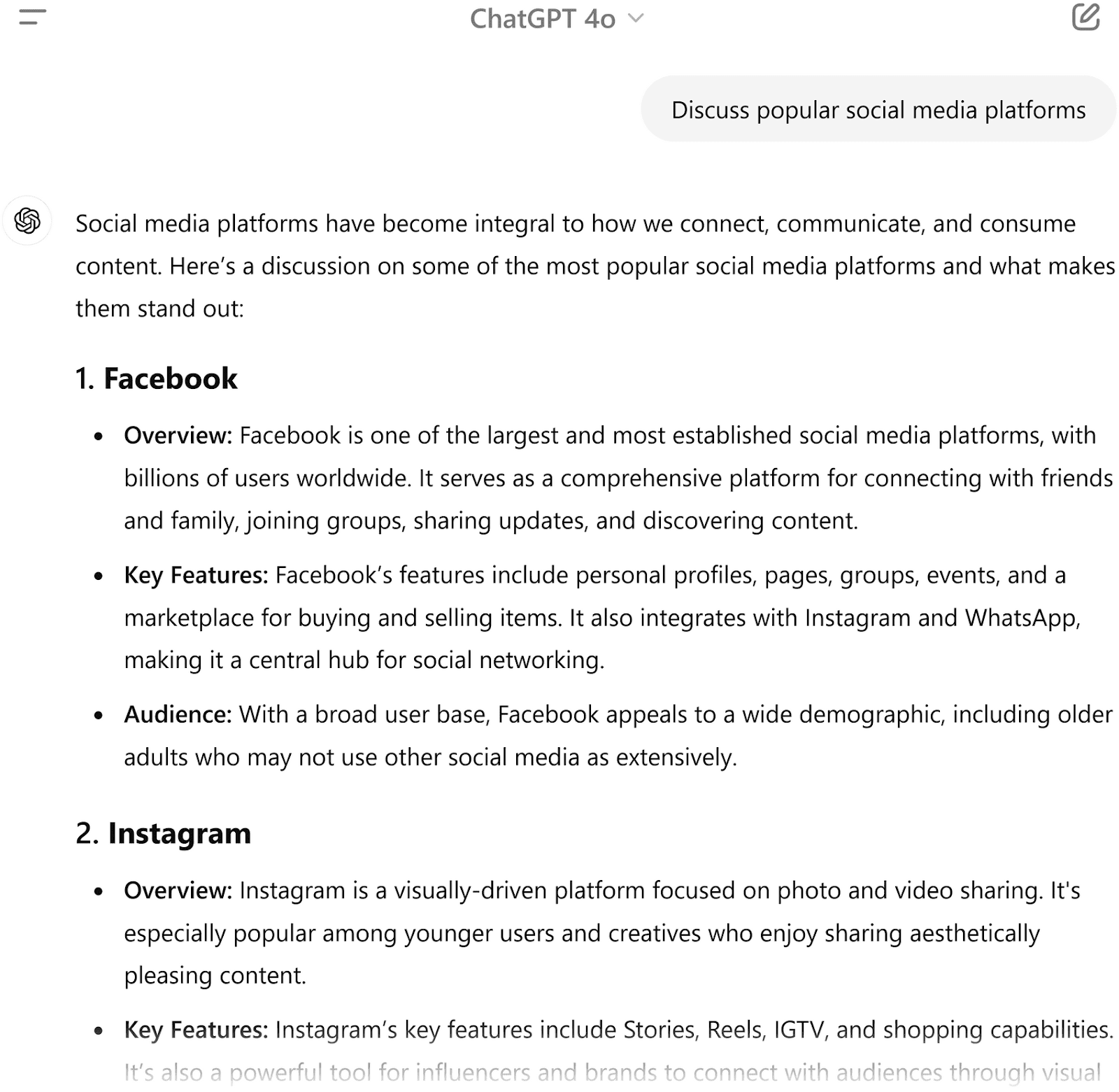 Generic discussion about popular social media platforms in the ChatGPT 4o interface