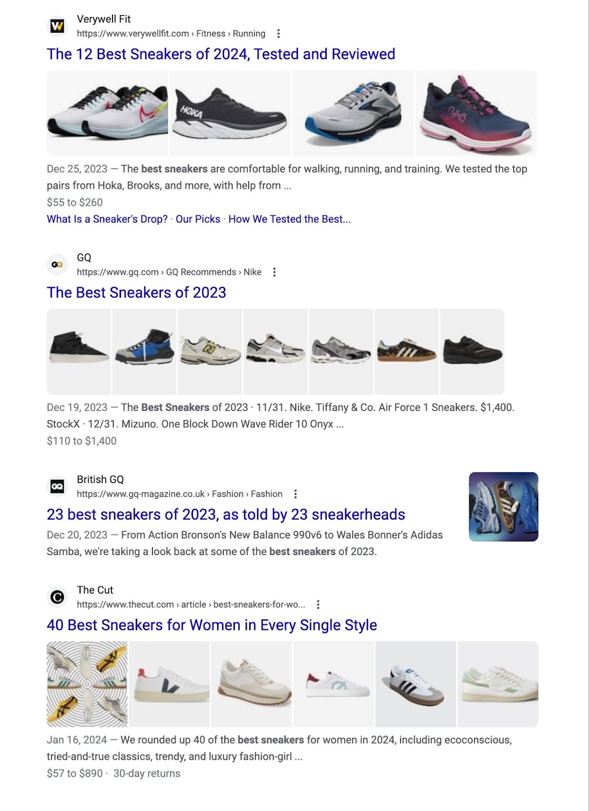 A section of Google's SERP for “best sneakers” query