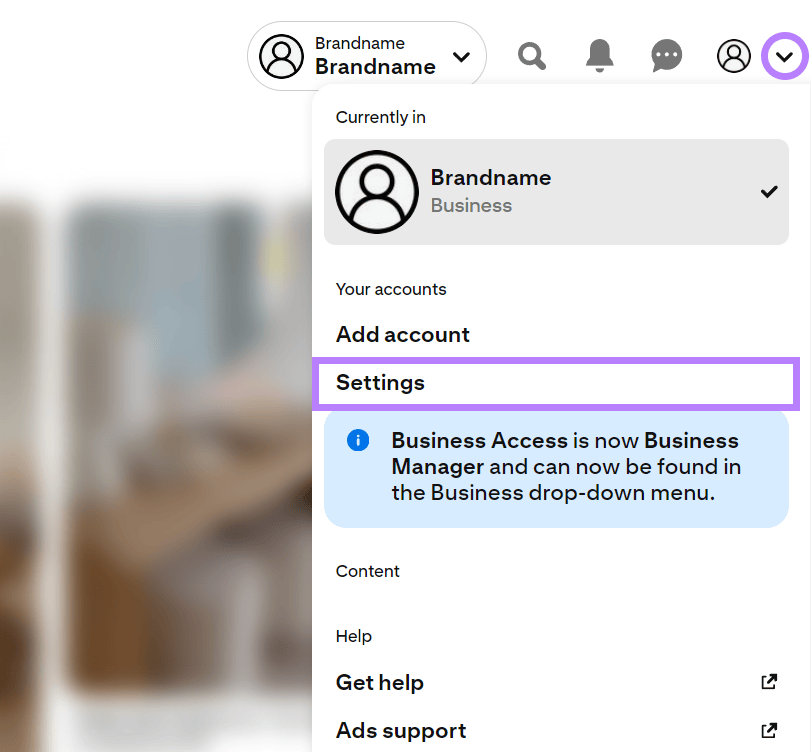 Pinterest account drop-down menu with the settings option visible.