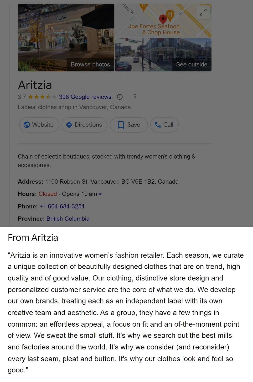 GBP description from fashion boutique Aritzia