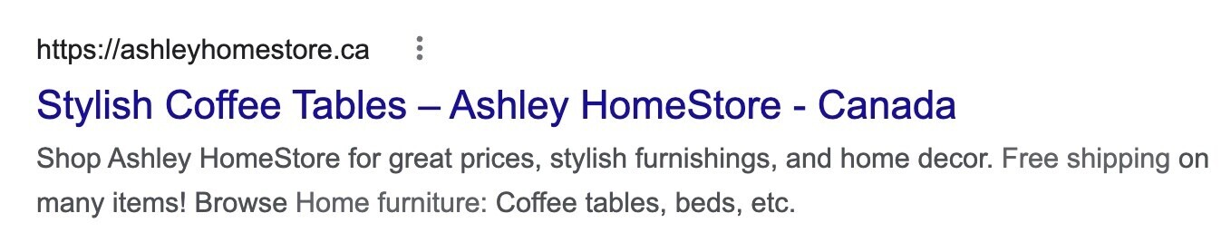 "Stylish Coffee Tables" title tag on SERP